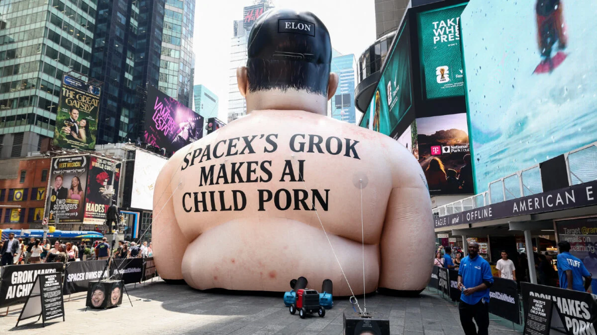 Inflatable Elon Musk in Times Square Begs to be Popped - Grok Real?